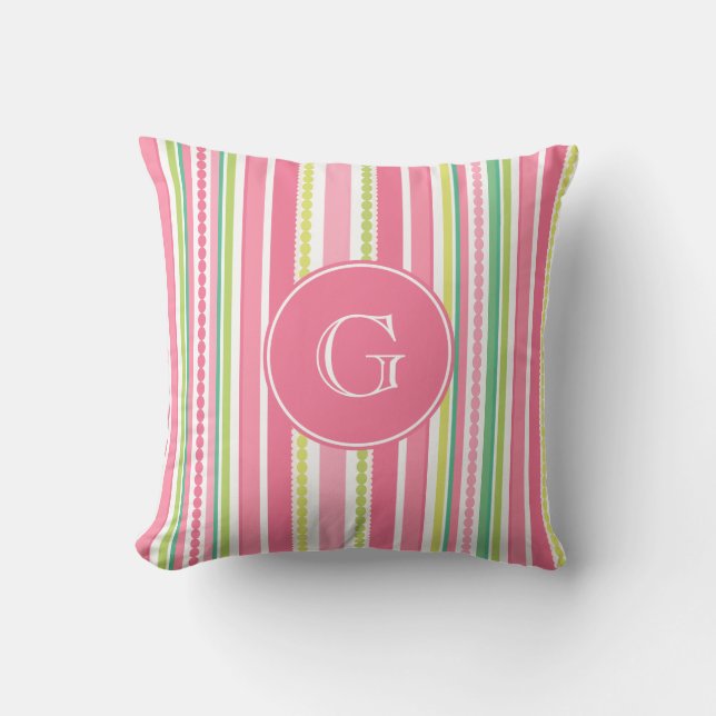 Stripey-kralen roze en groene monogram gooien kuss kussen (Voorkant)