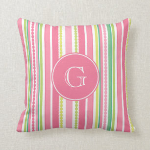 Stripey-kralen roze en groene monogram gooien kuss kussen