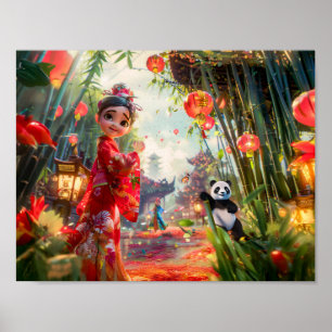Stripfiguur van meisje in bamboebos met panda poster