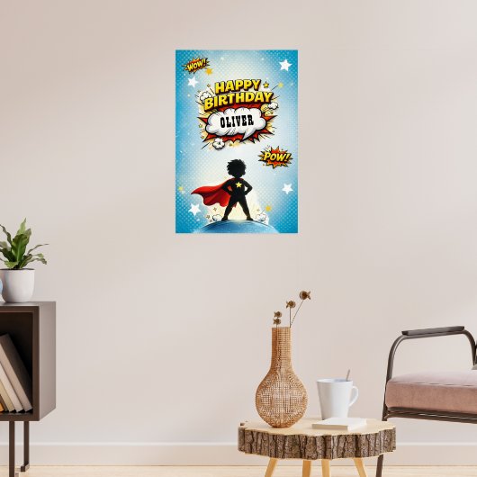 Strips Held Superhelden Jongens Naam Verjaardag Poster (Woonkamer 3)
