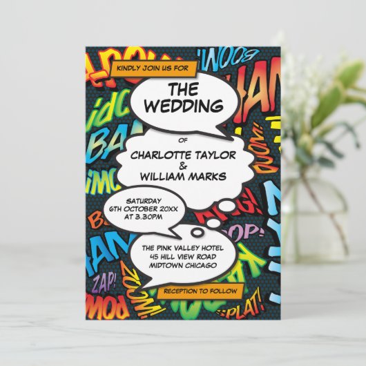 Strips Modern Plezierige Bruiloft Kaart (Staand voorkant)