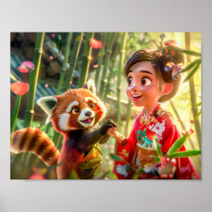 Stripschattige Meisje met Rode Panda in Speelse Sc Poster