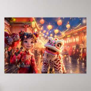 Stripschick in drakendracht voor Chinees Nieuwjaar Poster