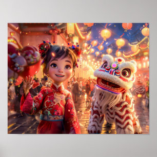 Stripschick in drakendracht voor Chinees Nieuwjaar Poster