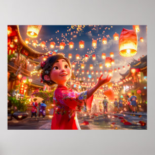 Stripschick met lantaarns viert Chinees Nieuwjaar Poster