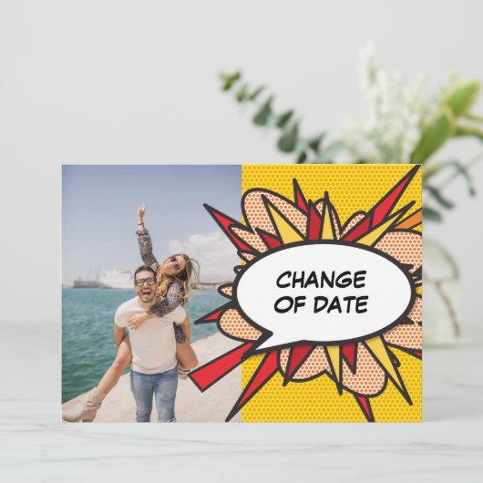 Stripsgewijze datumwijziging uitgesteld save the date (Staand voorkant)