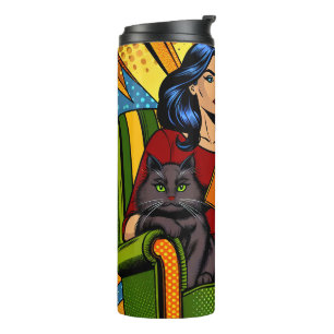 Stripstijl Pop Art Vrouw Leest en Kat Thermosbeker