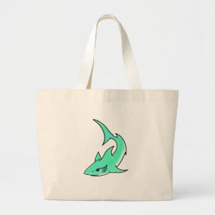 striptekenfilm lachende haai mint blauw groene oce grote tote bag