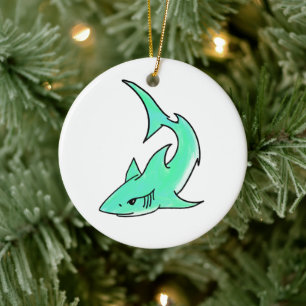 striptekenfilm lachende haai mint blauw groene oce keramisch ornament