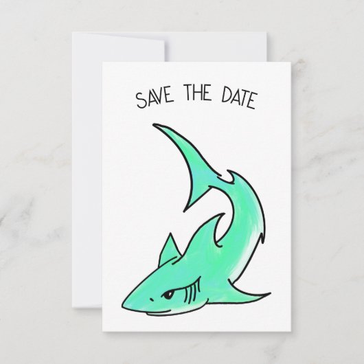 striptekenfilm lachende haai mint blauw groene oce save the date (Voorkant)