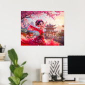 Striptekeninge meisje dat danst met kersenbloesems poster (Thuiskantoor)