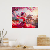Striptekeninge meisje dat danst met kersenbloesems poster (Keuken)