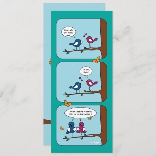 Stripverhaal Liefdesvogels Bewaar de Datum Trouwka Kaart (Voorkant / Achterkant)