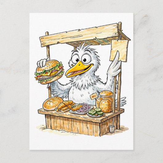 Stripvogel bij viskraam briefkaart (Voorkant)