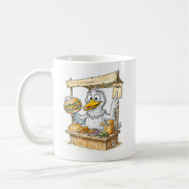 Stripvogel bij viskraam koffiemok