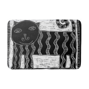Stripy Black en White Cat Illustration Badmat