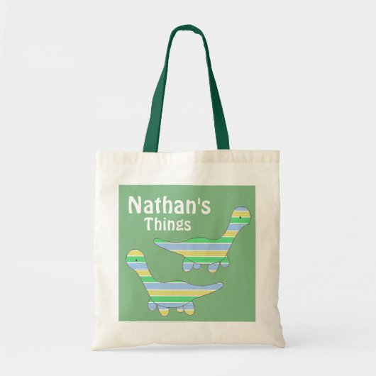 Stripy Green Dinosaur, gepersonaliseerde Kinderen Tote Bag (Voorkant)