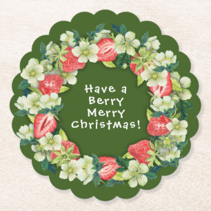 (Stro-) Aardbei Merry Christmas Groene Papieren On Kartonnen Onderzetters