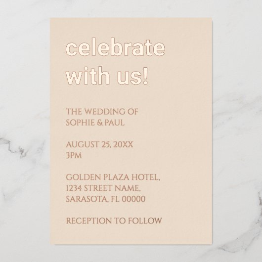 Stro Beige Bruiloft Roos Gouden Folie Invitation Folie Uitnodiging (Voorkant)