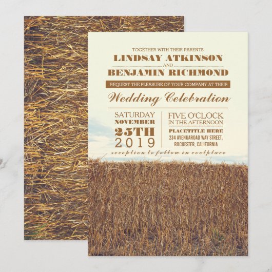 Strobaal rustieke land huwelijksuitnodiging kaart (Voorkant / Achterkant)