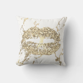 Strokes Gold Glitter Kiss Lips Makeup White Marble Kussen