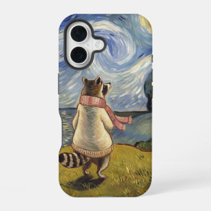 Strollende Sterrennacht – Knuffelig Wasbeer Kunst iPhone 16 Hoesje