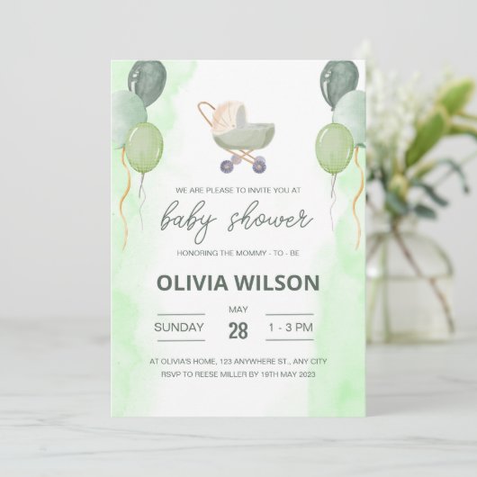 Stroller Baby shower Uitnodigen, Boho Genderneutra Kaart (Staand voorkant)