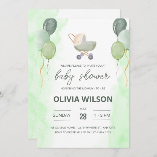 Stroller Baby shower Uitnodigen, Boho Genderneutra Kaart (Voorkant / Achterkant)