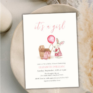 Stroller Bunny Balloon Girl Baby shower Kaart