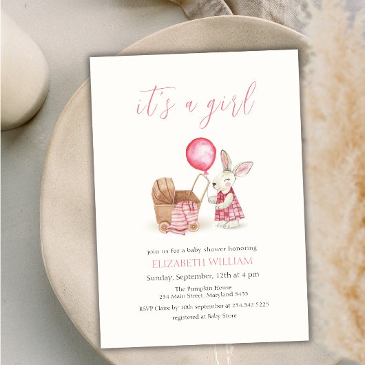 Stroller Bunny Balloon Girl Baby shower Kaart