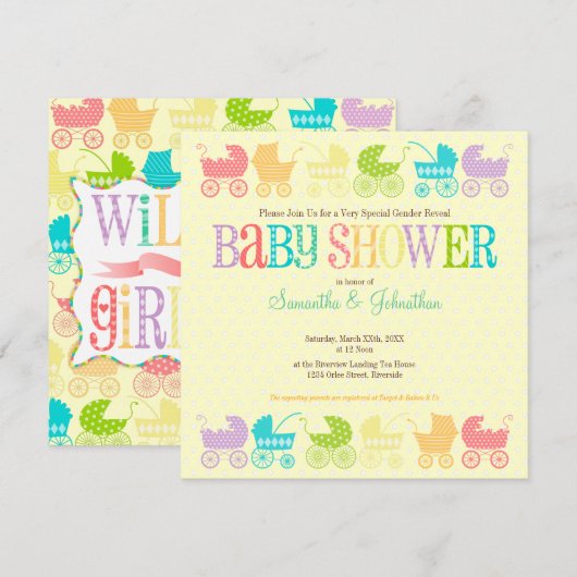 Stroller Chic Gender onthulling Baby shower Invita Kaart (Voorkant / Achterkant)