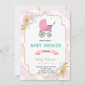 Stroller floral baby shower-uitnodiging kaart (Voorkant)