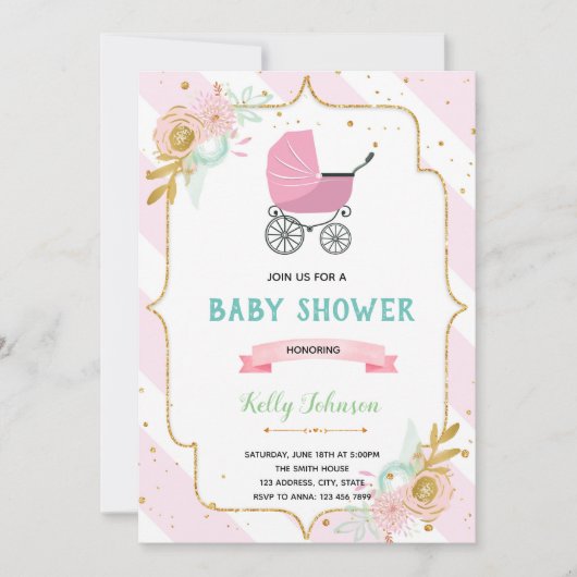 Stroller floral baby shower-uitnodiging kaart (Voorkant)