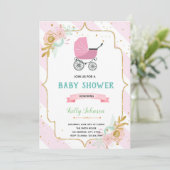 Stroller floral baby shower-uitnodiging kaart (Staand voorkant)