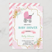 Stroller floral baby shower-uitnodiging kaart (Voorkant / Achterkant)