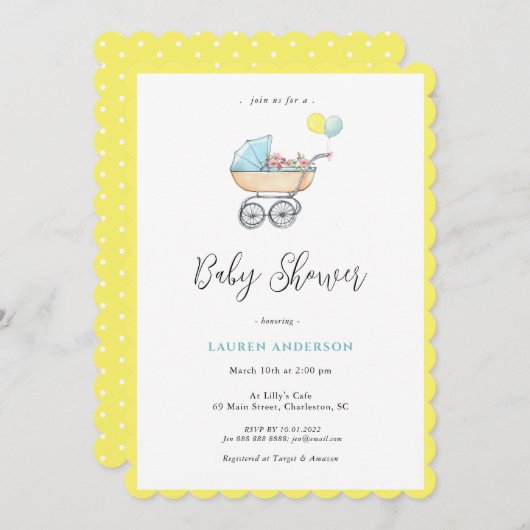  stroller met Baby shower bloemen Kaart (Voorkant / Achterkant)