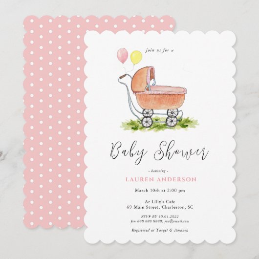 stroller Pink Baby shower Uitnodiging (Voorkant / Achterkant)