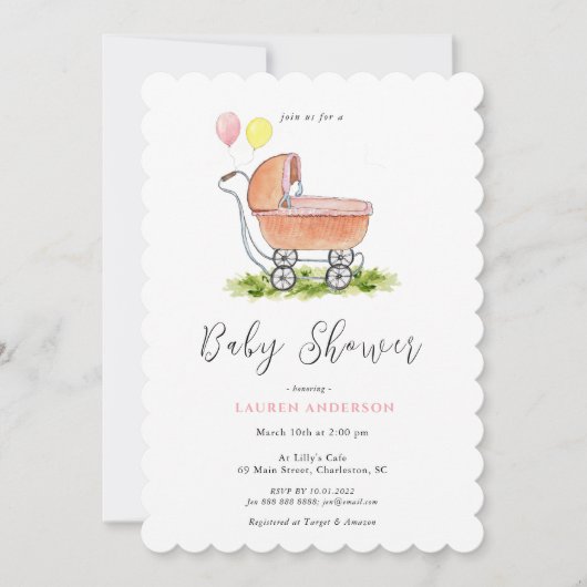 stroller Pink Baby shower Uitnodiging (Voorkant)