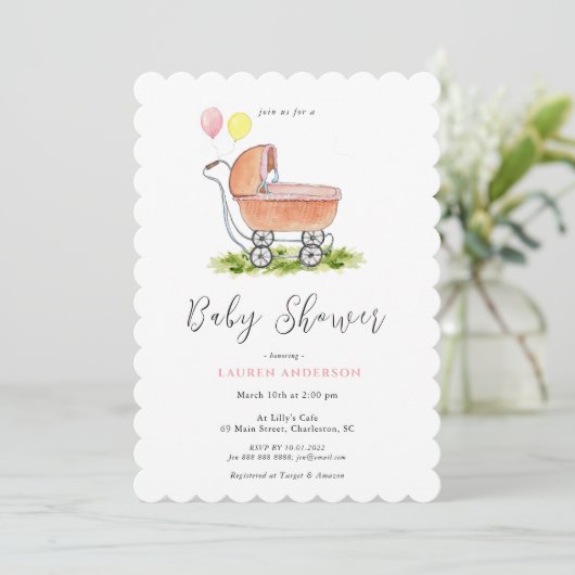 stroller Pink Baby shower Uitnodiging (Staand voorkant)
