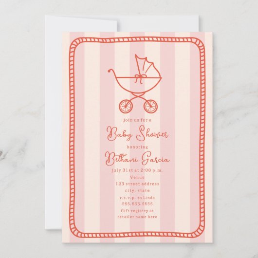 Stroller Sketch Doodle Roze Meisje Baby shower Kaart (Voorkant)