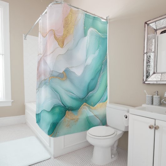 Stromend smaragdgroen en goudmarmer douchegordijn (In situ)