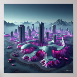 Stromende buitenaardse stadsarchitectuur poster