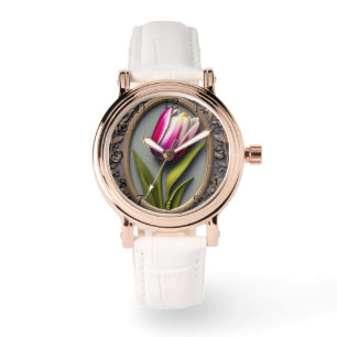 Stromende elegantie: Roze Tulp in Art Nouveau Desi Horloge