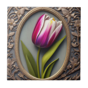 Stromende elegantie: Roze Tulp in Art Nouveau Desi Tegeltje