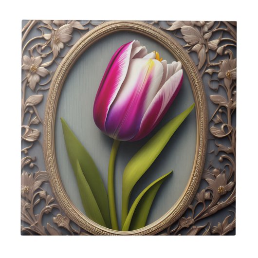Stromende elegantie: Roze Tulp in Art Nouveau Desi Tegeltje (Voorkant)