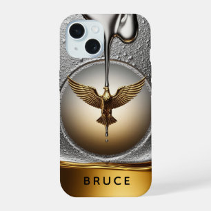 💛 Stromende Gouden Adelaar Hanger Vloeibaar Metaa iPhone 15 Case