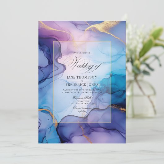 Stromende Paarse, Blauwe en Gouden Alcoholinkt Tro Kaart (Staand voorkant)