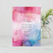 Stromende roze, blauwe en gouden alcohol inkt brui kaart (Staand voorkant)