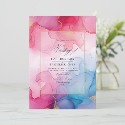 Stromende roze, blauwe en gouden alcohol inkt brui kaart (Staand voorkant)