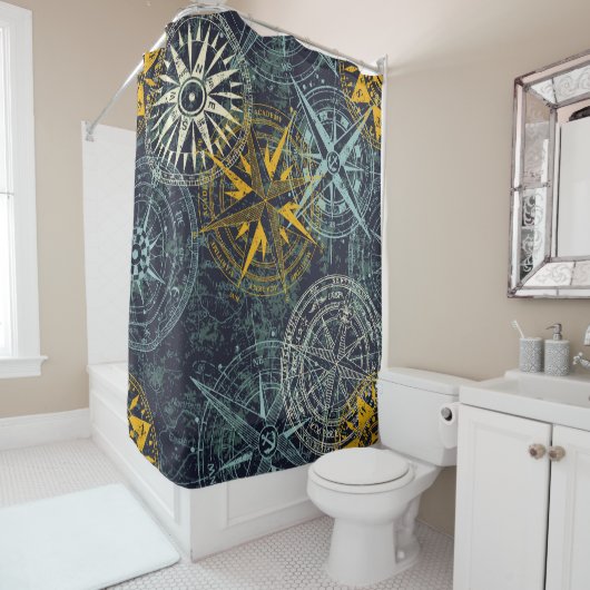 Stromperwindkompas  vintage roos douchegordijn (In situ)